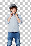 Cute preteen boy wearing trendy attire while isolated on a png background