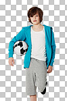 Cute preteen boy holding a football while isolated on a png background