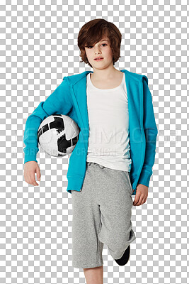 Buy stock photo Young boy child, portrait and soccer ball by png background for health, fitness and sports development. Isolated male kid, football and fashion for exercise, workout or training for wellness of body