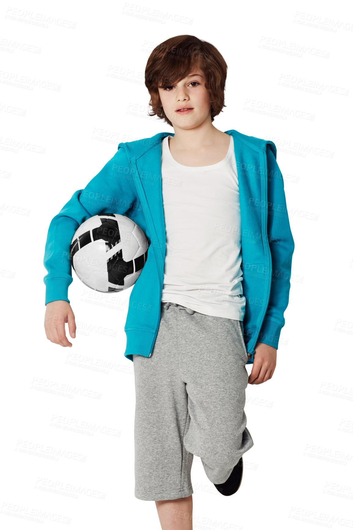 Buy stock photo Young boy child, portrait and soccer ball by png background for health, fitness and sports development. Isolated male kid, football and fashion for exercise, workout or training for wellness of body