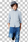 Cute preteen boy wearing trendy attire while isolated on a png background