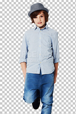 Buy stock photo Fashion, smile and portrait of young boy with trendy clothes on isolated, png and transparent background. Youth, preteen and confident child model in studio with stylish, casual and modern outfit