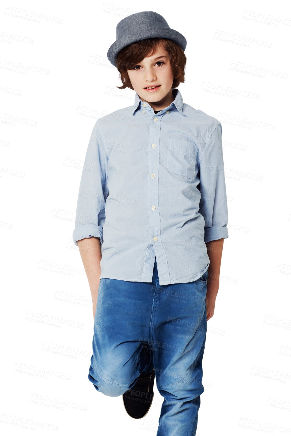 Buy stock photo Fashion, smile and portrait of young boy with trendy clothes on isolated, png and transparent background. Youth, preteen and confident child model in studio with stylish, casual and modern outfit