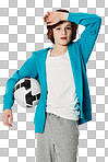 Cute preteen boy holding a football while isolated on a png background