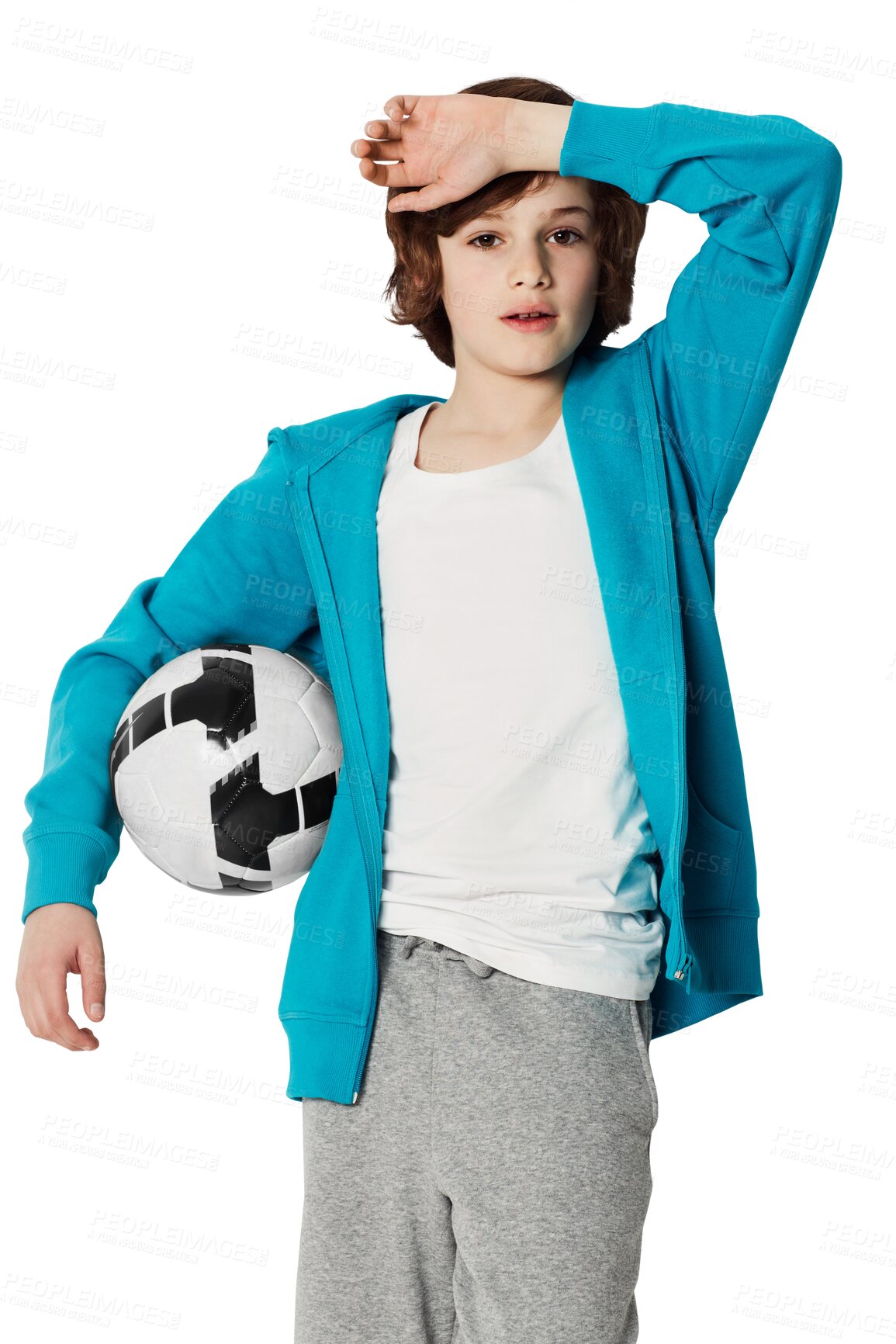 Buy stock photo Tired boy kid, portrait and soccer ball by png background for health, fitness and sports development. Isolated male child, football and fashion for exercise, workout or training with exhausted face