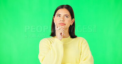 Buy stock photo Woman, thinking and ideas on green screen in studio for problem solving, inspiration and brainstorming insight on background. Curious model planning questions, memory and remember decision for future