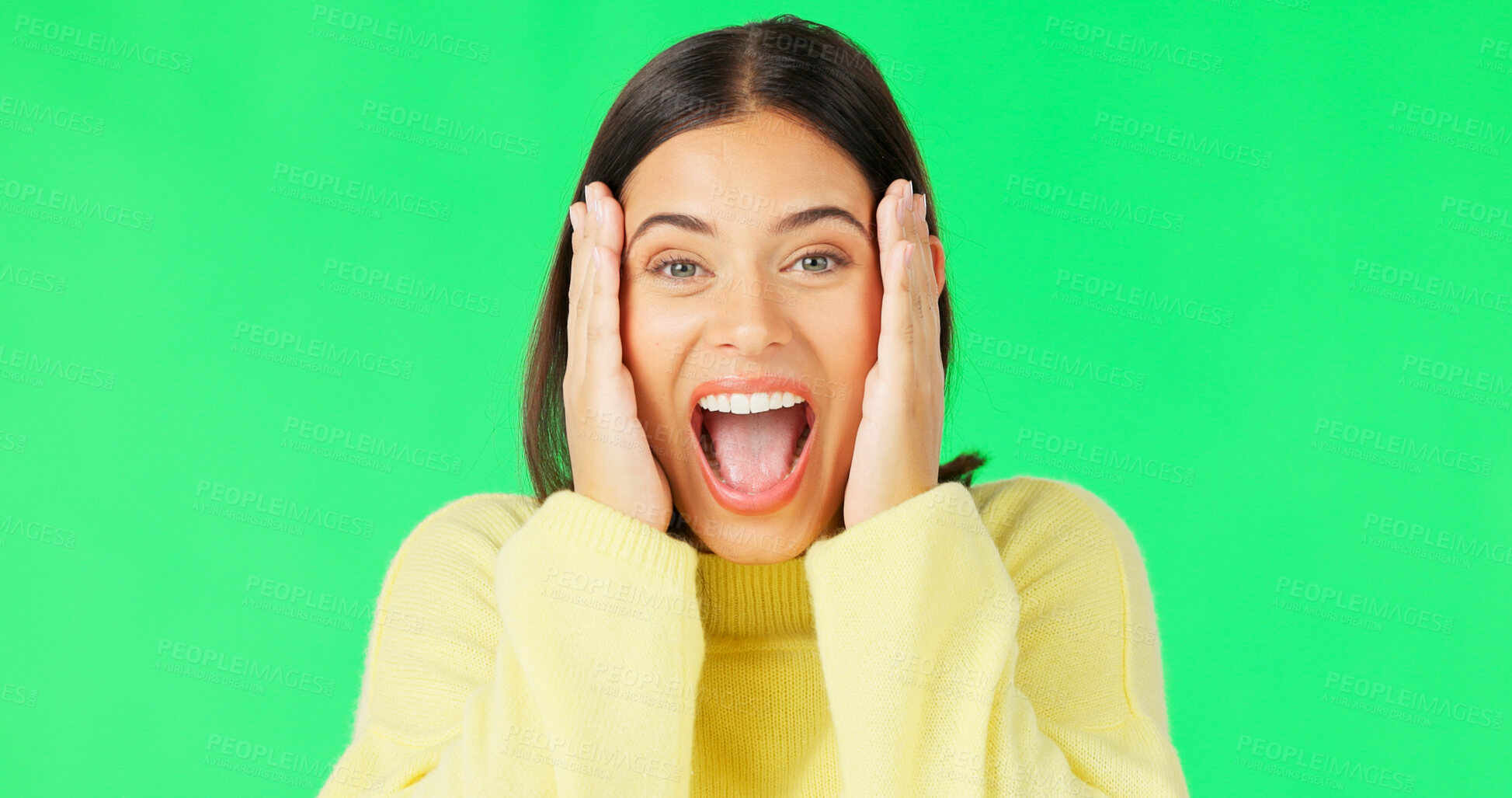 Buy stock photo Wow, surprise or portrait of a happy woman on green screen for news, announcement or information in studio. Excited girl, smile or face of a female person with shocked, emoji or omg facial expression