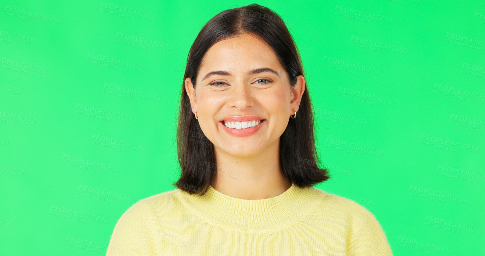 Buy stock photo Happy, laughing and portrait of woman on green screen for joy isolated on studio background. Smile, beautiful and face of person with confidence, happiness and positivity on chromakey backdrop