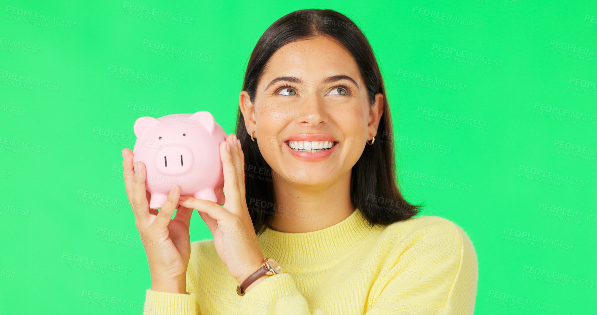 Buy stock photo Finance, green screen and woman with piggy bank, economy and investment on a studio background. Savings, person and model with happiness, profit and financial wealth with budget, excited and increase