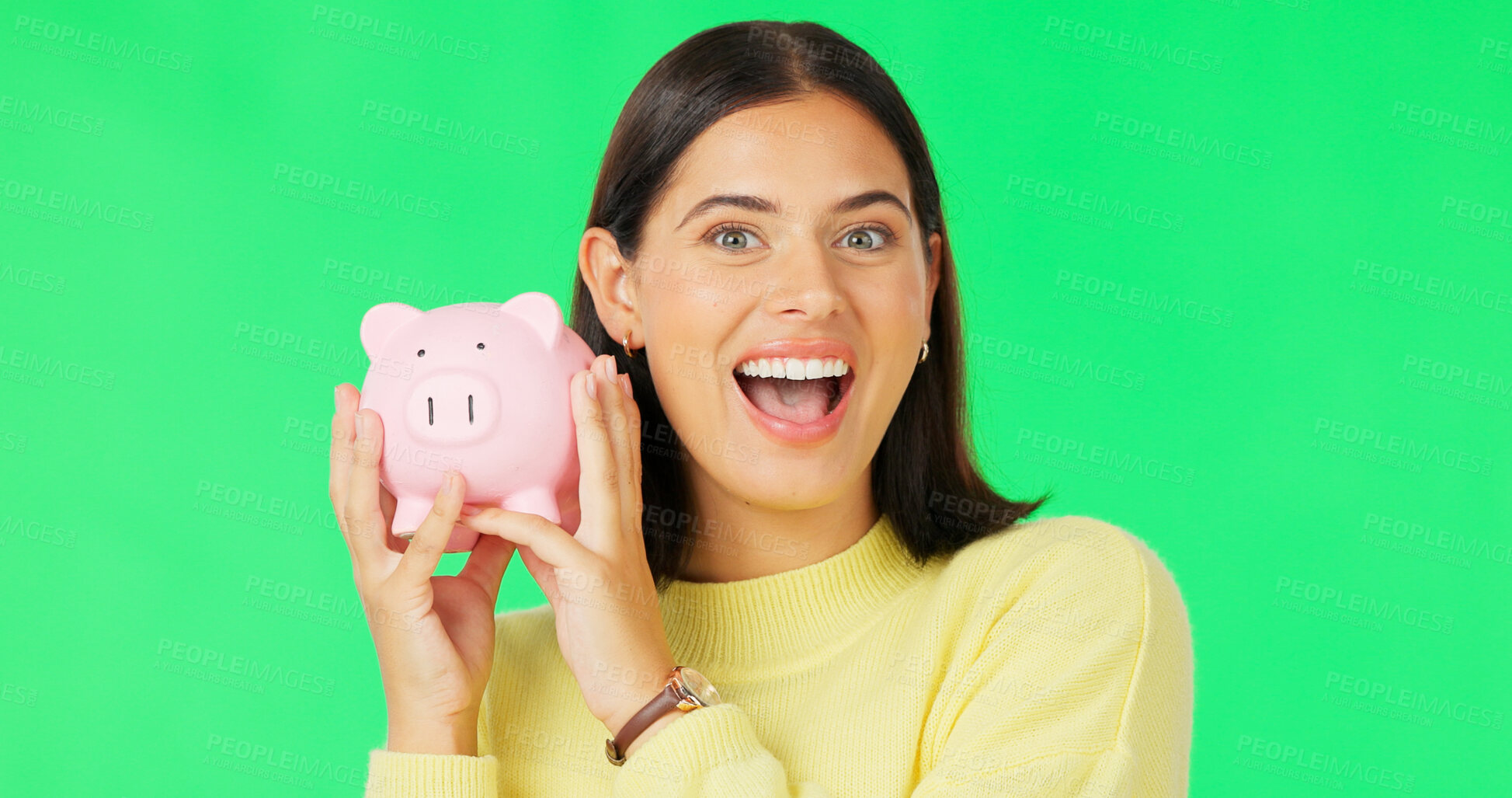 Buy stock photo Portrait, green screen and woman with piggy bank, savings and investment on a studio background. Face, person and model with happiness, economy and financial wealth with budget, excited and profit