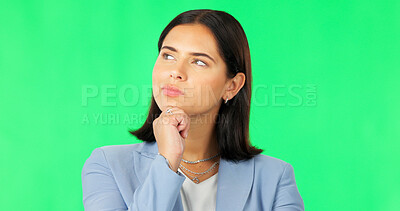 Buy stock photo Business, woman and thinking on green screen of ideas, inspiration or memory on studio background. Curious worker dream of decision, planning solution or insight to questions, brainstorming or choice