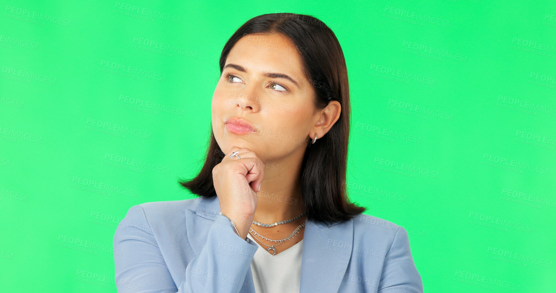 Buy stock photo Business, woman and thinking on green screen of ideas, inspiration or memory on studio background. Curious worker dream of decision, planning solution or insight to questions, brainstorming or choice