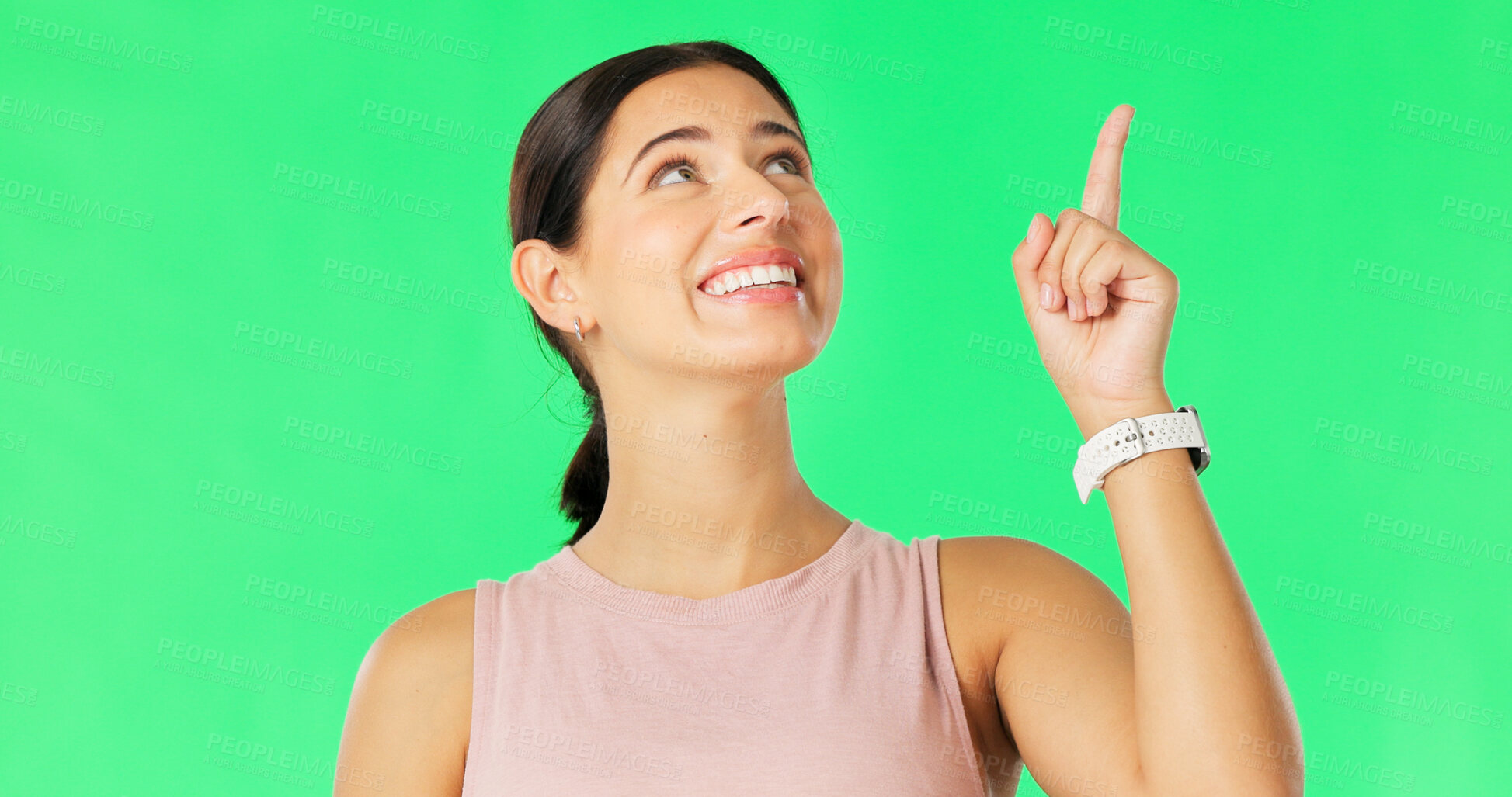 Buy stock photo Green screen face, happy woman and pointing up at advertising offer, promotion direction, or sales opportunity. Happiness, service info or person presentation, choice or deal on studio background