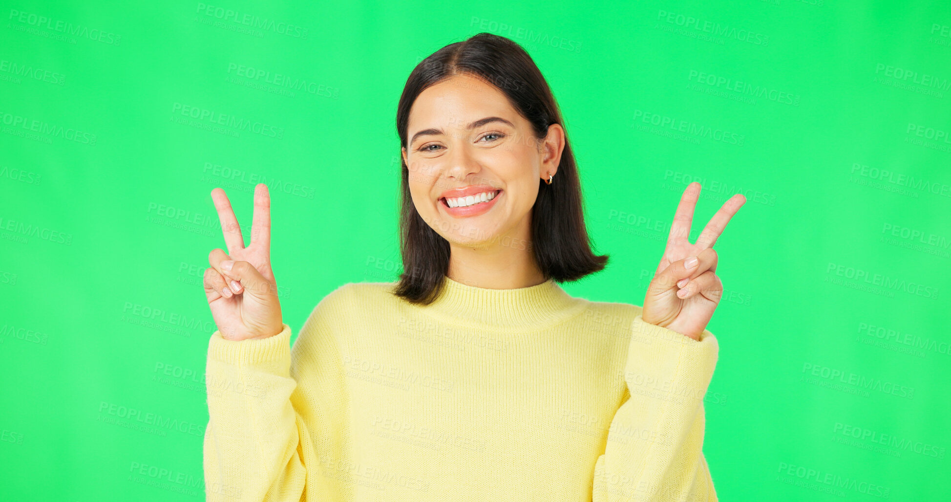 Buy stock photo Portrait, peace sign and woman with green screen, agreement and promotion on a studio background. Face, happy person or model with support, symbol and feedback with review, thanks and icon with emoji