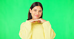 Green screen, funny face expression and happy woman posing with tongue out, peace sign and carefree personality. Portrait, female model and smile in studio with emoji reactions, meme and happiness