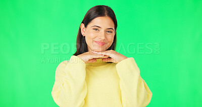 Buy stock photo Happy, smile and portrait of woman on green screen for joy isolated on studio background. Fashion, beautiful and face of person pose with confidence, happiness and positivity on chromakey backdrop