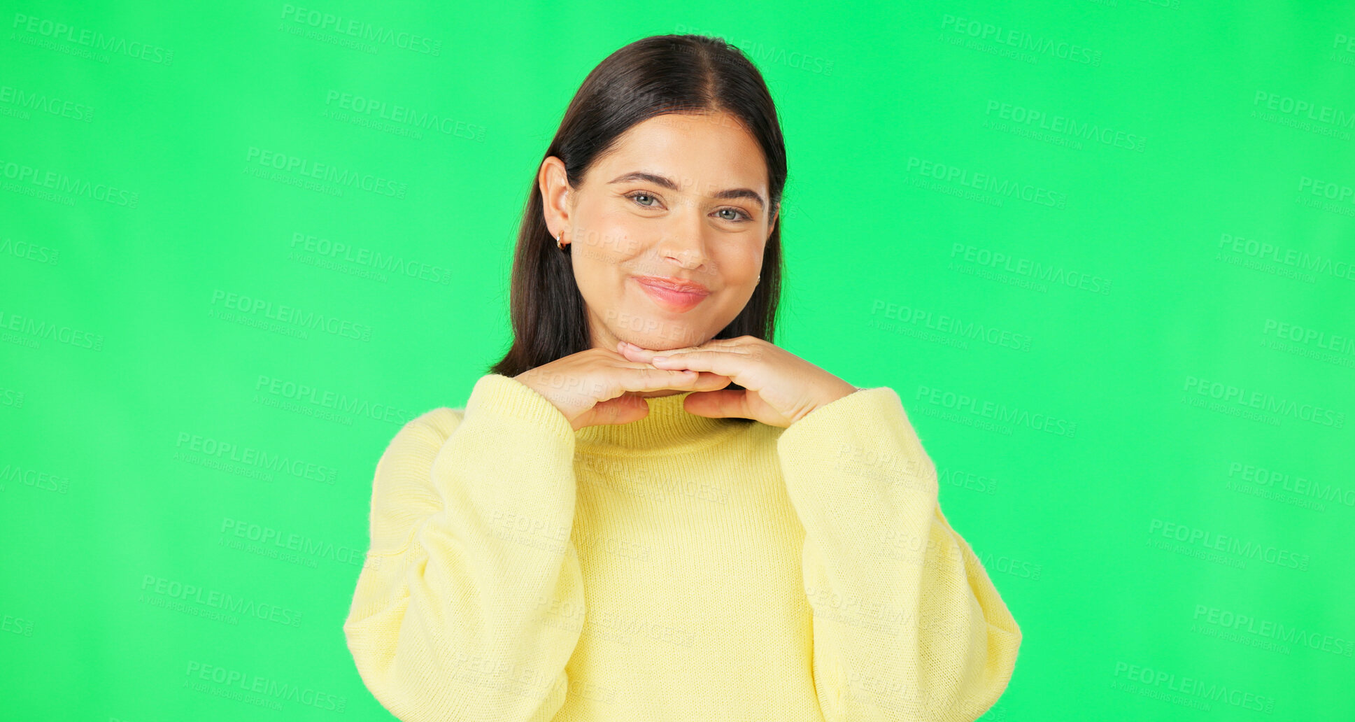 Buy stock photo Happy, smile and portrait of woman on green screen for joy isolated on studio background. Fashion, beautiful and face of person pose with confidence, happiness and positivity on chromakey backdrop