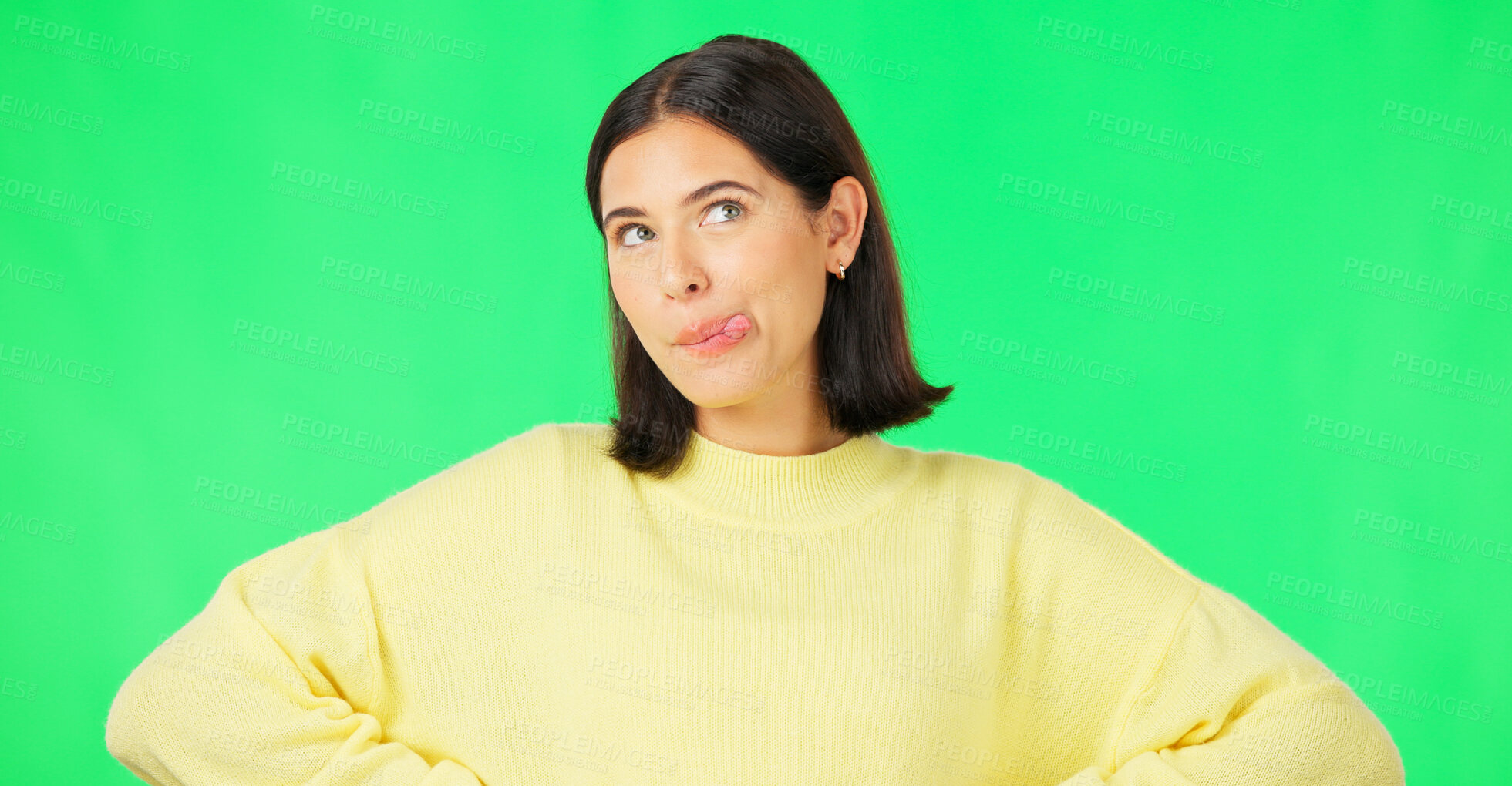 Buy stock photo Green screen, funny face expression and a happy woman with tongue out and carefree personality. Goofy, female model and smile in studio with emoji reaction, meme and happiness on a background