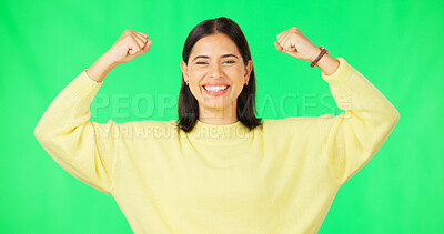 Buy stock photo Happy woman, smile and flex of muscles on green screen in studio with confidence, portrait or mock up. Person, female or model in empowerment, gender equality or success with with joy on face