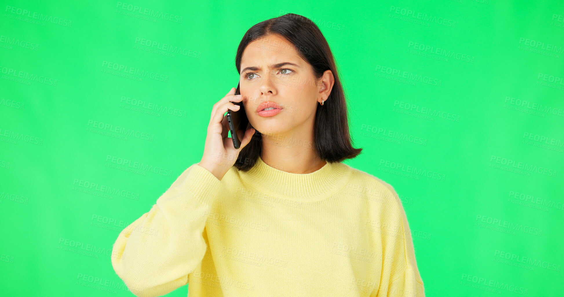 Buy stock photo Green screen, phone call and woman with problem, frustrated and stress over crisis, mistake or mobile network fail. Smartphone communication, risk and networking person  annoyed on studio background
