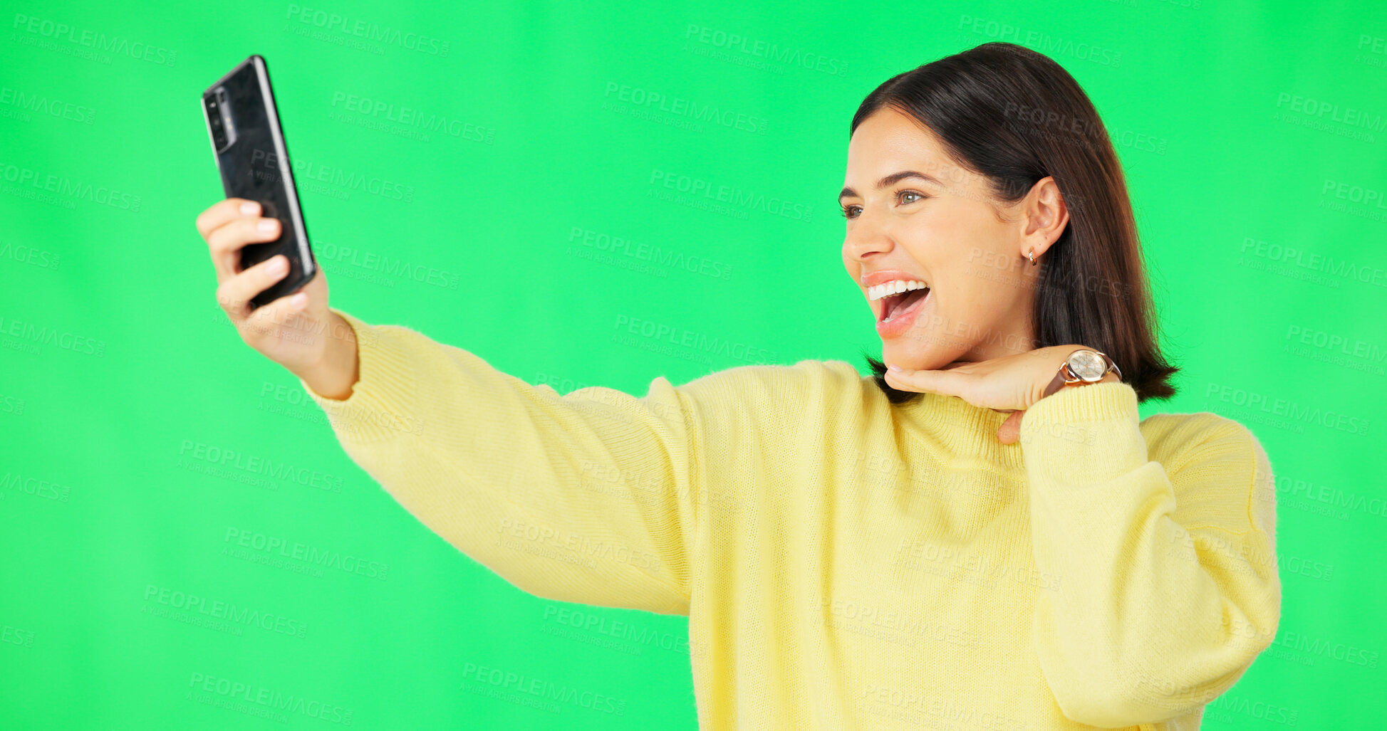 Buy stock photo Green screen, happy woman or influencer taking selfie on social media with confidence or smile. Gen z girl, cool or female person taking a photograph, vlog or picture isolated on a studio background