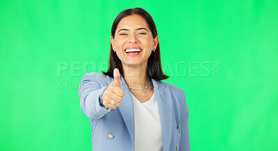 Buy stock photo Thumbs up, portrait and business woman on green screen for success, winning deal and achievement on studio background. Happy worker show like emoji for feedback, support and thank you for agreement