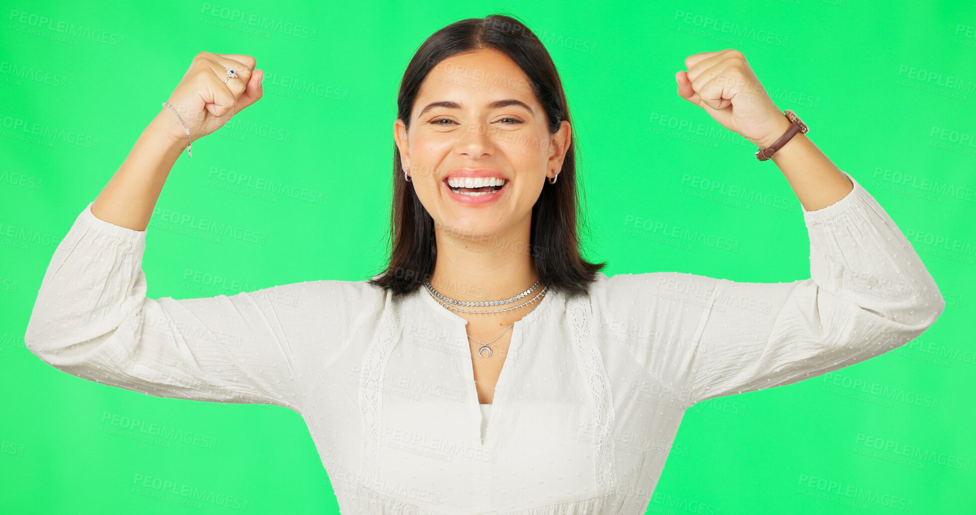 Buy stock photo Strong, green screen and portrait of happy woman on studio background for gender equality power. Empowerment, feminism and face of a young person or model with muscle for winning or pride in results