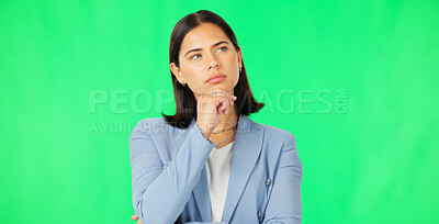 Buy stock photo Green screen, business woman and thinking of ideas, inspiration and memory on studio background. Curious worker dream of decision, planning insight and solution to questions, brainstorming and future