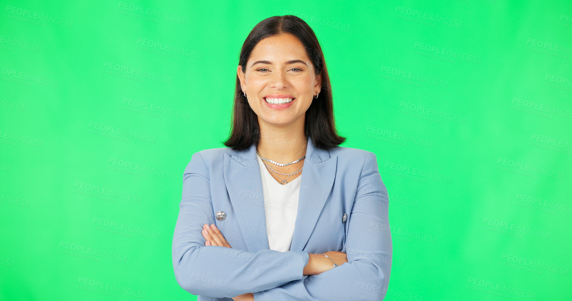 Buy stock photo Happy, crossed arms and business woman by green screen with confident and positive attitude. Smile, portrait and professional female lawyer from Canada with pride by isolated chroma key background