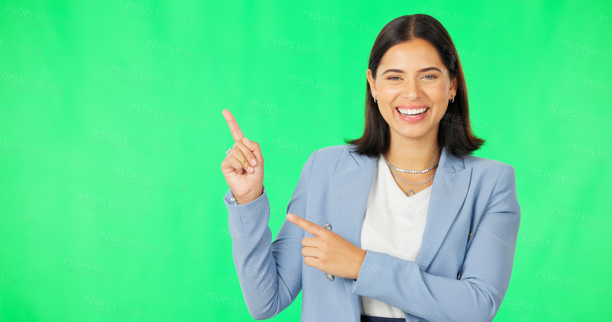 Buy stock photo Happy, pointing and business woman by green screen mockup for advertising, promotion or marketing. Smile, portrait and female lawyer with show hand gesture by chroma key background with mock up.