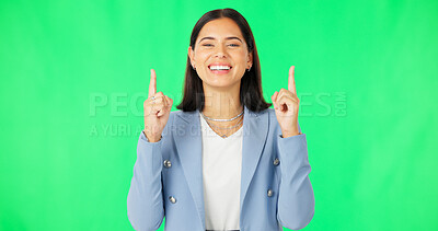 Buy stock photo Smile, portrait and woman on green screen pointing up to deal on mockup space isolated on a studio background. Face of model, hands sign and advertising promotion, marketing presentation and business