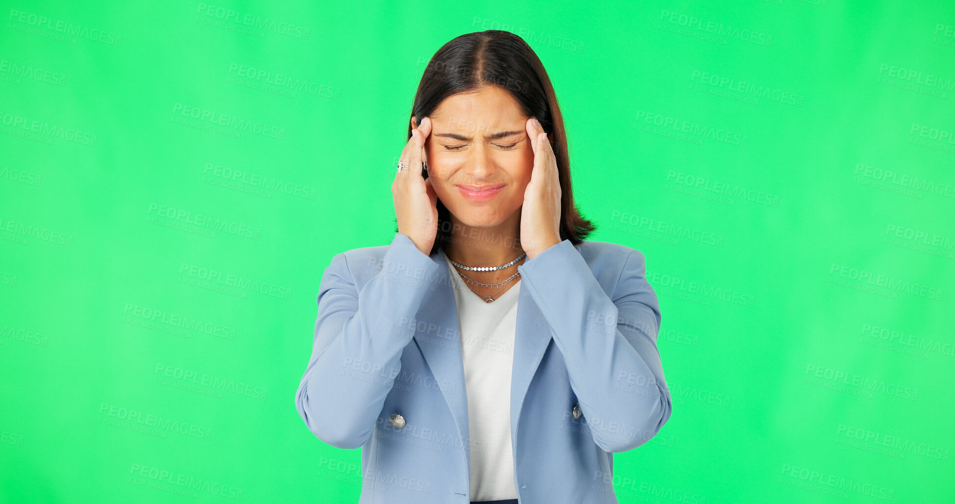 Buy stock photo Stress, green screen or tired business woman with headache with head pain, mistake or burnout. Loss, dizzy or frustrated employee overworked in studio with fatigue, migraine or anxiety in debt crisis