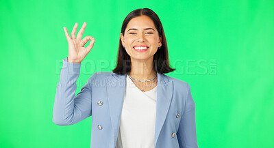 Buy stock photo Okay hand gesture, portrait and happy woman on green screen for opinion, vote or feedback. Face of model with smile, ok sign and review icon with good news, thank you and agreement emoji in support.