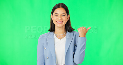 Buy stock photo Happy woman, portrait or pointing to green screen for mockup space, promotion announcement. Face, show or excited business person on a studio background for a sale presentation, deal or choice list 