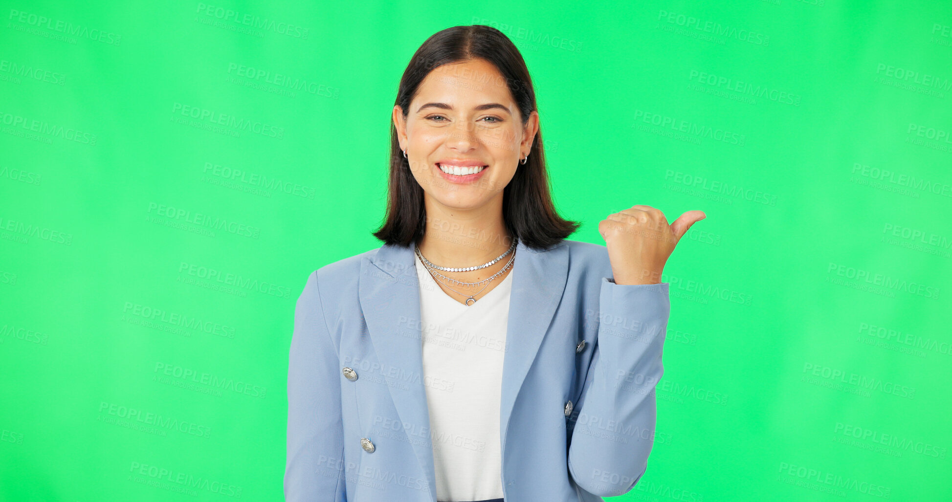 Buy stock photo Happy woman, portrait or pointing to green screen for mockup space, promotion announcement. Face, show or excited business person on a studio background for a sale presentation, deal or choice list 