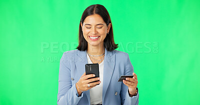 Buy stock photo Green screen, phone or happy woman with credit card for a business or financial investment on digital fintech. Ecommerce, payment or lady with banking data for online shopping on studio background