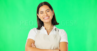 Buy stock photo Woman, waitress and portrait on green screen with arms crossed on mockup space on studio background. Face, professional barista and confidence of happy small business owner or entrepreneur in Brazil