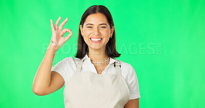Buy stock photo Okay hand sign, portrait and happy girl on green screen for opinion, vote or cafe feedback. Face of woman with smile, ok gesture and waitress review with yes, thank you or agreement emoji in support.