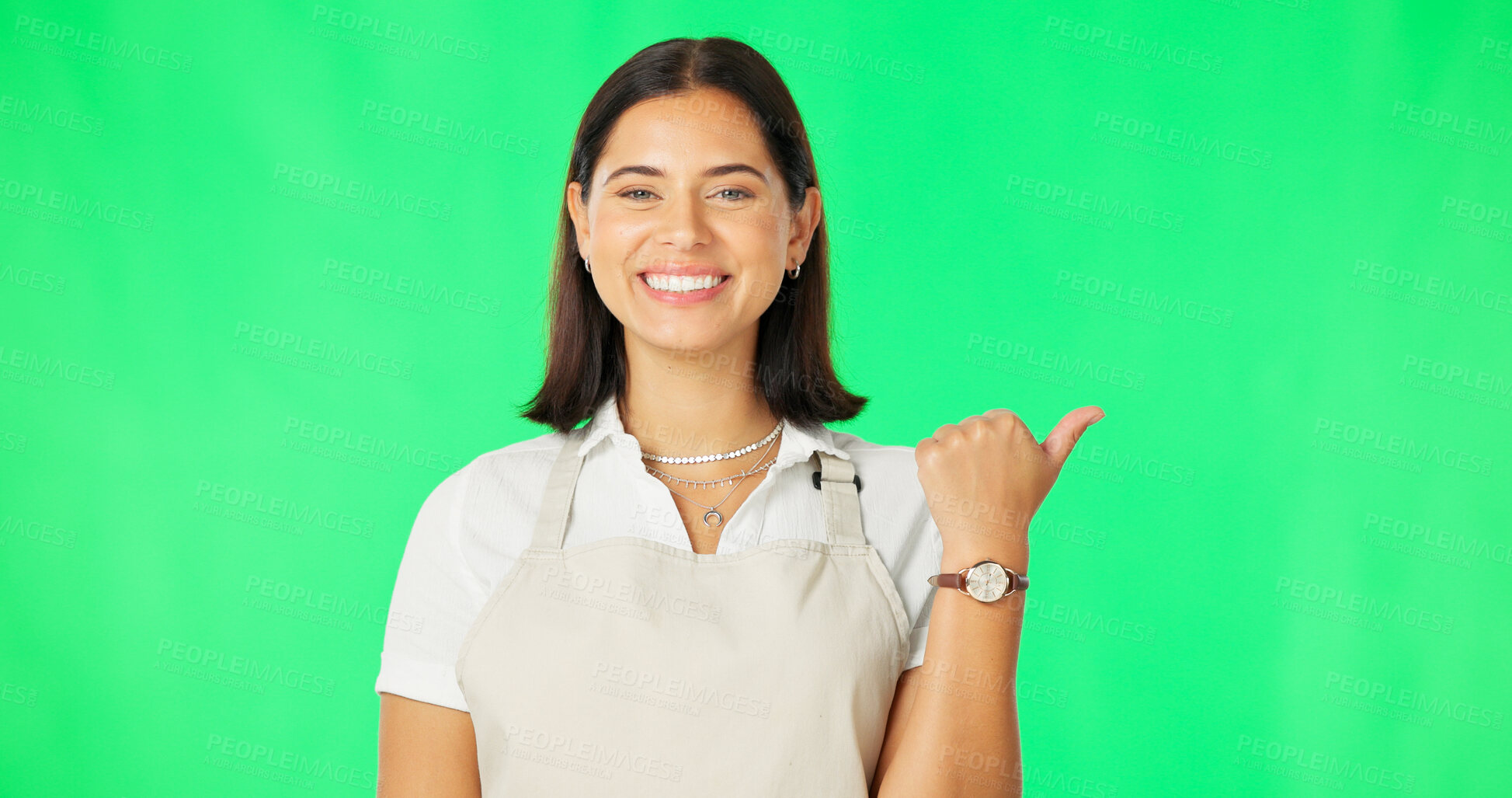 Buy stock photo Green screen portrait, happy woman and barista point at restaurant discount, coffee shop notification or cafe news. Diner waitress, info and server gesture at cafeteria direction on studio background