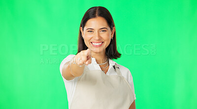 Buy stock photo Woman, portrait and pointing to you on green screen for recruitment, choice and we are hiring in small business. Opportunity, mock up and face of waitress onboarding decision in coffee shop or cafe