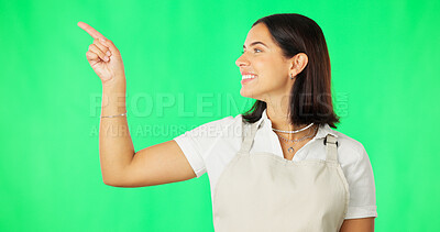 Buy stock photo Green screen studio, happy woman and point at cafe sales opportunity, coffee shop notification or small business news. Diner, advertising and barista smile for cafeteria recommendation on background
