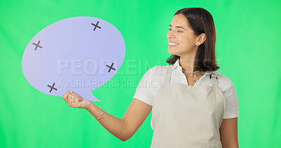 Buy stock photo Green screen, happy barista woman and speech bubble for cafe opportunity, restaurant choice or social media communication. Diner sign, mockup space poster and waitress feedback on studio background