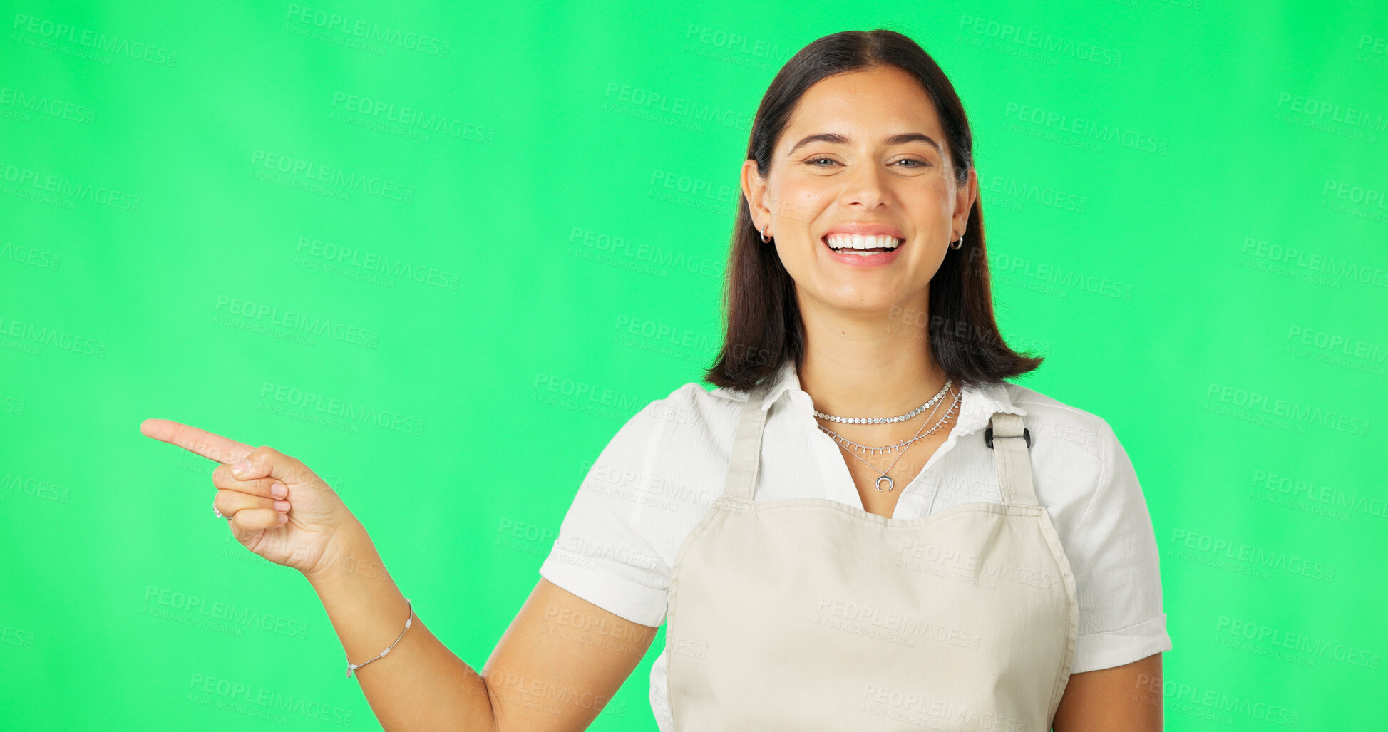 Buy stock photo Green screen portrait, waitress and woman pointing, smile and advertising cafe review, restaurant choice or service. Hospitality, barista and show diner promo, deal or message on studio background