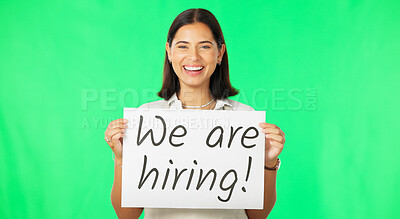 Buy stock photo Portrait of happy woman on green screen for hiring sign, job advertising or business mockup space. Billboard, poster or manager with board text, work opportunity or recruitment on studio background