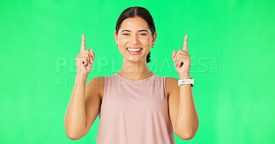 Buy stock photo Green screen fitness portrait, point or happy woman advertising sales launch, studio message or gym service commercial. Exercise, coming soon or athlete smile for workout recommendation on background