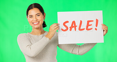 Buy stock photo Woman, portrait and sale sign with smile from advertising with poster, promotion and discount. Female person, banner and cardboard with announcement and price reduction in studio with green screen