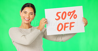 Buy stock photo Woman, portrait and discount sign with smile from advertising with poster, promotion and sale. Female person, banner and cardboard with announcement and price reduction in studio with green screen