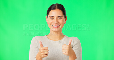 Buy stock photo Portrait, thumbs up and woman with support, green screen and agreement on a studio background. Face, happy person or model with hand gesture, emoji and symbol with like, icon and feedback with review