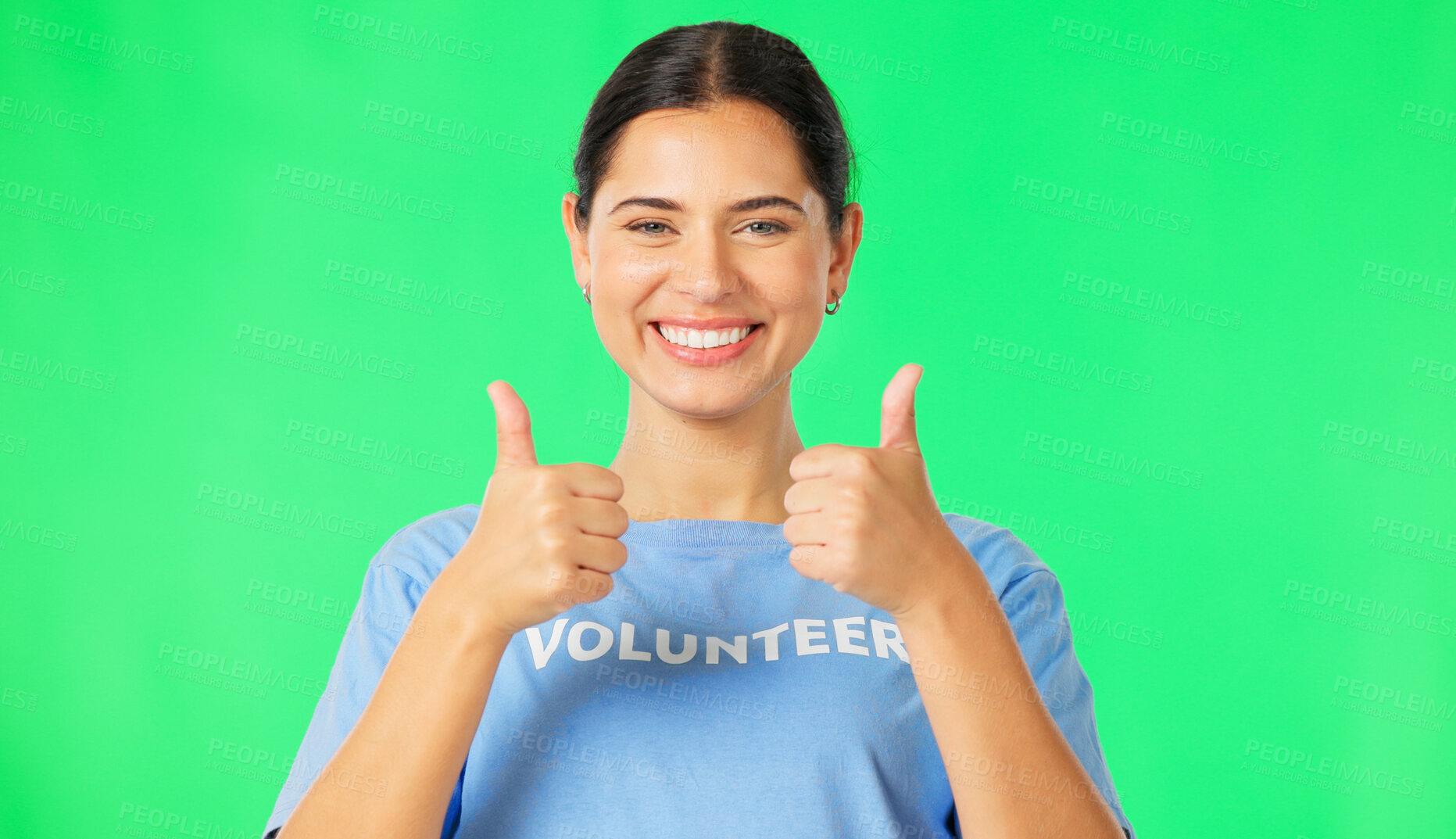 Buy stock photo Portrait of happy woman, volunteer or thumbs up on green screen for agreement on studio background. Smile, charity or excited girl showing agreement gesture, yes sign or like for good job on mockup