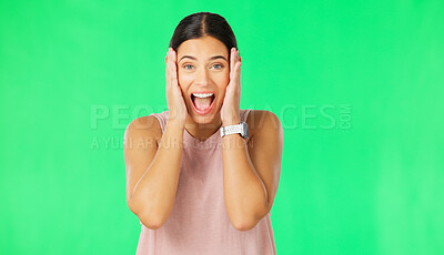 Buy stock photo Portrait, green screen and woman with surprise, wow or fitness with review on a studio background. Face, person or model with announcement, feedback or omg with reaction, facial expression or emotion